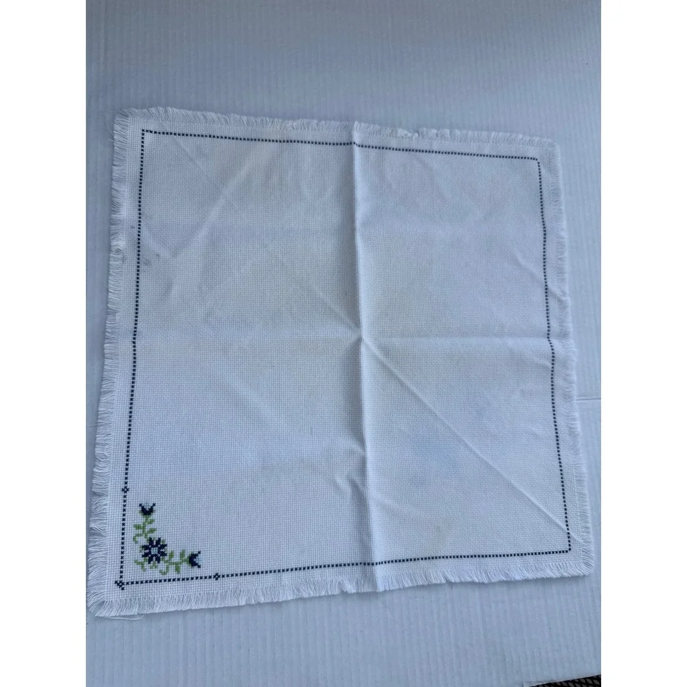 Vintage Hand Embroidered Bread Covers Set of 2 White Cross Stitch Floral Heart
